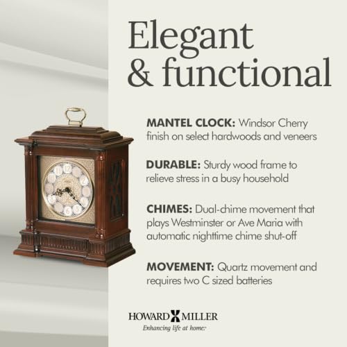 Howard Miller Akron II Mantel Clock – Windsor Finish, Dual-Chime Kieninger Movement, Arabic Numerals, Brushed Nickel Dial, Wooden Base
