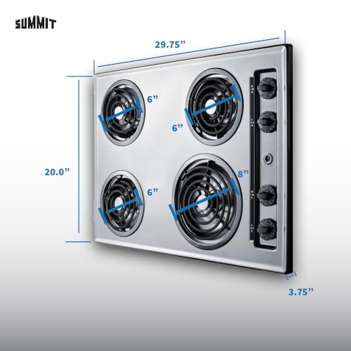 Summit 30" 4 Burner Electric Cooktop, Stainless Steel Look- ZEL05 | 230 Volt Coil Electric Cooktop, Fits 28 3/8" W x 18 5/8" D counter cutouts
