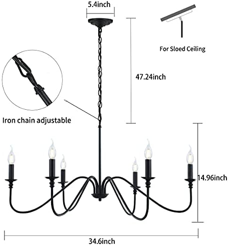 Miluolan Black Chandelier, 6-Light Farmhouse Chandelier for Dining Room | Rustic iron candelabra with adjustable 47.24" chain. Fits sloped ceilings