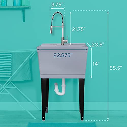 Utility Sink Extra-Deep Laundry Tub in White with High-Arc Stainless Steel Coil Pull-Down Sprayer Faucet, Integrated Supply Lines, P-Trap Kit