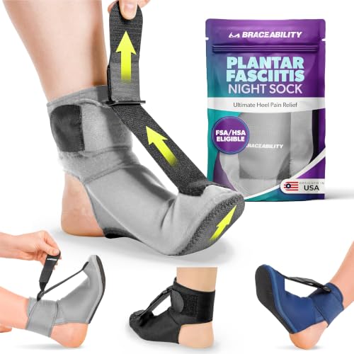 BraceAbility Plantar Fasciitis Night Splint Sock - Plantar Fascia Boot for Sleeping, Achilles Tendonitis Relief, Foot Drop, Heel Pain - Planter Facetious Brace for Women and Men - Black (L)