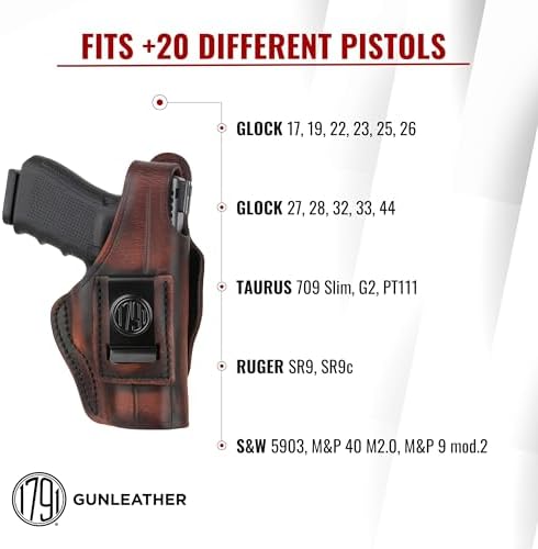 1791 Thumb-Break Gun Holster IWB/OWB, Fits Glock 19, 17, 22, 23, 26, 27 | Right-handed 4-Way leather gun holster also fits Taurus G2, Ruger SR9, Ruger SR9c and S&W M&P 9 M2.0, Glock 32 and 33