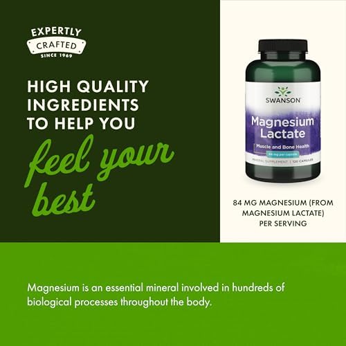 Swanson Magnesium Lactate Lactose-Free, 84 mg, 120 Capsules | Lactose-Free Mineral Supplement for Muscle and Bone Health Support, Gentle on the Stomach, Non-GMO and Gluten-Free