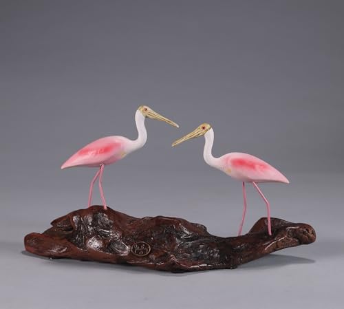 Roseate Spoonbill Duo by John Perry 6in Long Sculpture on Polished burlwood Base. Signed.