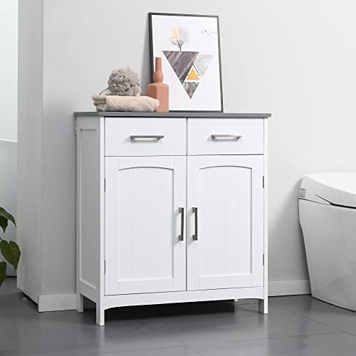 kleankin Bathroom Floor Cabinet Freestanding Linen Cabinet 2 Drawers White | Double Doors, Adjustable Shelf