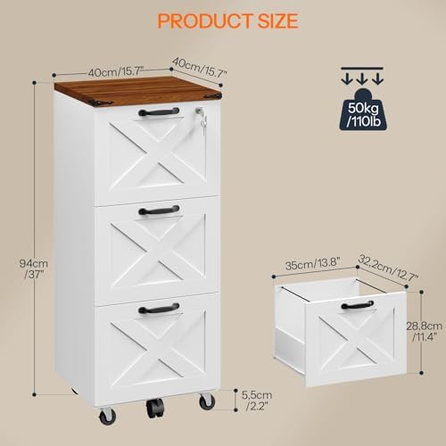 HOOBRO 3 Drawer File Cabinet with Lock, Mobile Filing Cabinet for Home Office, Wooden Farmhouse Office Storage Cabinet, Printer Stand Fits Letter and A4 Size, Walnut and White WH93WJ01G1