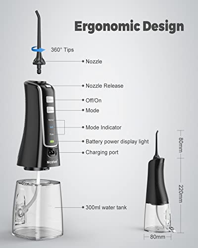 Nicefeel Cordless and Rechargeable Water Flosser - 300ML Water Tank Oral Irrigator, 4 Jet Tips