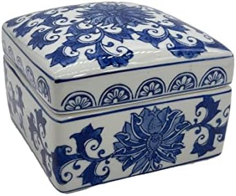 Blue & White China Lotus Floral Pattern Chinoiserie Square Ceramic Storage Box Jewelry Trinkets Organizer