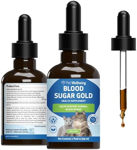 Pet Wellbeing Blood Sugar Gold for Cats - Blood Sugar Support, 2 oz | NASC Certified & Vet-Formulated Liquid Blood Glucose Supplement with Gymnema & Devil’s Club for Insulin & Pancreatic Support