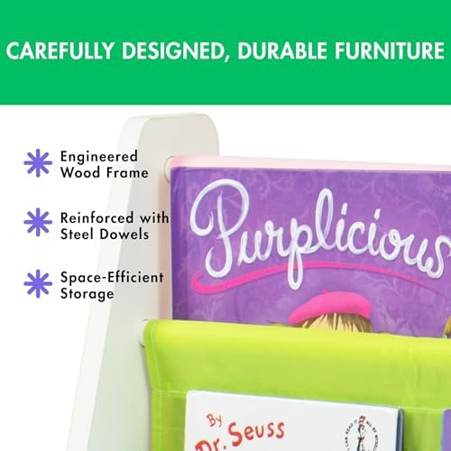 Humble Crew Kids Bookshelf, Montessori Front Facing Toddler Bookcase 4 Tier | Book display rack and reading nook organizer, nylon pockets show covers face out, compact for any playroom or bedroom space
