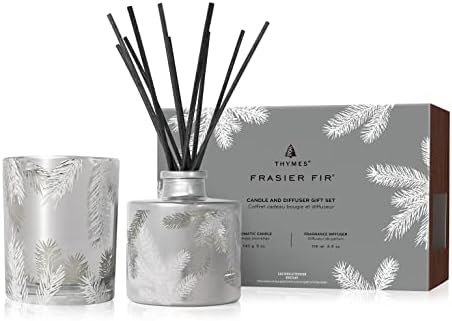 Thymes Frasier Fir Candles - Statement Collection - Silver with Pine Needle Design - Scented Candles for Home Decor - Notes of Siberian Fir Needles, Cedarwood & Sandalwood - Large 4 Wick (40 oz)