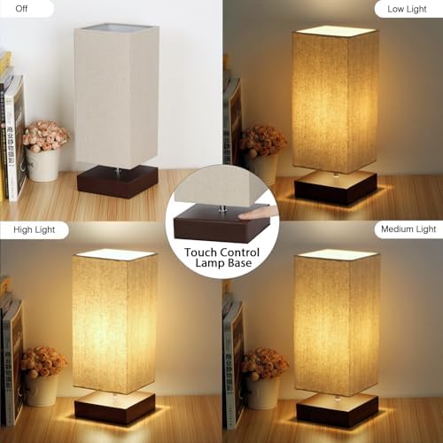 Touch Control Table Lamp Bedside 3 Way Dimmable Touch Desk Lamp Modern Nightstand Lamp with Square Fabric Lamp Shade Simple Night Light for Bedroom