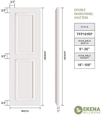 12"W x 36"H True Fit PVC Two Equal Raised Panel Shutters, Primed (Per Pair - Hardware Not Included)