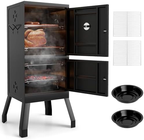 Charcoal Smoker Outdoor, Vertical BBQ Smoker with Thermostat, 2 Access Doors, 2 Cooking Grates, 2 Removable Pans & 4 Air Vents