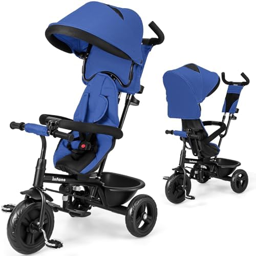 INFANS Kids Tricycle, 6 in 1 Stroll Trike with Adjustable Push Handle, Removable Canopy, Retractable Foot Plate, Lockable Pedal, Detachable Guardrail, Suitable for 10 Months to 5 Years (Blue)