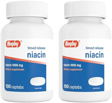 Rugby Timed-Release Niacin 1000mg Captabs for Adults, 100 Count (1-Pack) | Dietary Supplement for Energy, Circulation and Metabolism Support, Controlled Release to Help Minimize Flushing