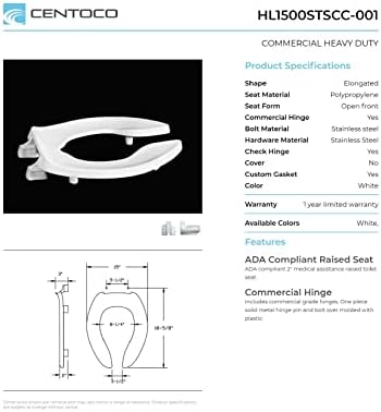 Centoco 3 inch Raised Toilet Seat for Seniors, Elongated, Open Front, White | Plastic, No Cover, 3L1500STSCC-001, Made in the USA
