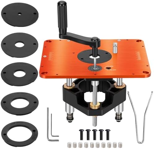 Precision 3-1/2" Router Table Lift Systems for 3-1/2" Diameter Motor | 9-1/4'' x 11-3/4'' Router Table Insert Plate with 5 PCS Insert Ring for Bosch