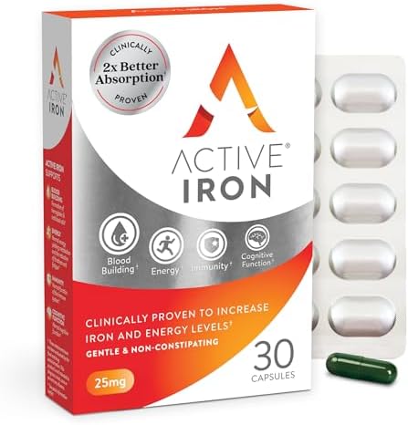 Active Iron Supplement 25mg, Clinically Proven to Increase Iron, Gentle | Optimum Absorption Iron Pills, Increases Energy Levels, Non-Constipating, Avoids Nausea, 60 On-the-Go Foil Protected Capsules