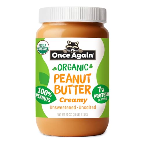 Once Again Organic Creamy Peanut Butter No Sugar Added - Single Ingredient, Unsalted, Natural Peanut Butter No Palm Oil - Glass Jar, Non-GMO, Gluten Free - Smooth and Unsweetened - 1 Jar (16 oz) | Unsalted, Natural Peanut Butter No Palm Oil, Glass Jar, N…