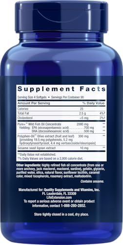 Life Extension Super Omega-3 EPA/DHA Fish Oil, Sesame Lignans & Olive Extract – Heart Health, Brain Health, Inflammation Health Support, Gluten-Free, Easy to Swallow, Non-GMO, 240 Softgels