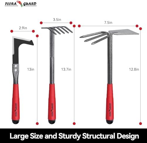 FLORA GUARD 6-Piece Garden Tool Set | Heavy Duty Gardening Hand Tools with High Carbon Steel Including Trowel, Rakes, 2-in-1 Hoe and Crack Weeder