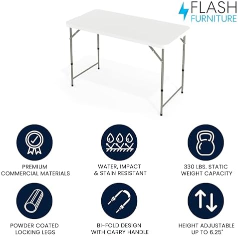 Flash Furniture 4-Foot Bi-Fold Granite White Plastic Folding Table | Lightweight, Easy Storage, Commercial Grade, Carrying Handle