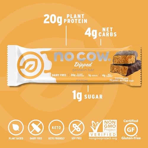 No Cow Peanut Butter Chocolate Chip Vegan Protein Bars, 12 Pack | 20g High Plant-Based Protein, High Fiber, Low Sugar, Gluten-Free, Dairy-Free, Soy-Free, Keto-Friendly Snack Bars