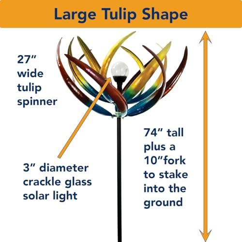 Bits and Pieces Tulip Wind Spinners Outdoor Solar Lighted Metal Wind Spinner, Large Kinetic Garden Sculptures, Crackle Glass Light