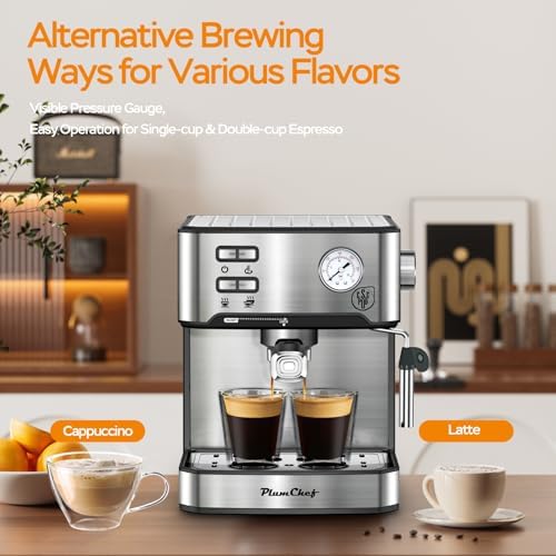 Plum chef Espresso Machine 20 Bar, Household Coffee Maker with Milk Frother Steam Wand, Pressure Gauge, 54oz Large Water Tank, Low Noise Fast Brew for Cappuccino Latte Macchiato Home Office