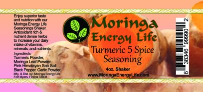 Moringa Turmeric 5 Spice Seasoning 4oz Fresh Turmeric Powder, Moringa Leaf Powder, Pink Himalayan Sea Salt, Black Pepper & Garlic. Moringa Shaker