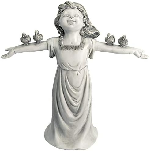 Design Toscano Basking in Glory Little Girl with Birds Outdoor Garden Statue, Medium, 16 inches tall, Cast Stone Resin, Two Tone Stone Finish