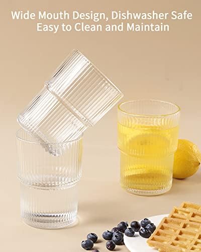 6PCS Ribbed Drinking Glasses, 14Oz Stackable Glass Cup Set for Bar & Kitchen | Fluted Designed