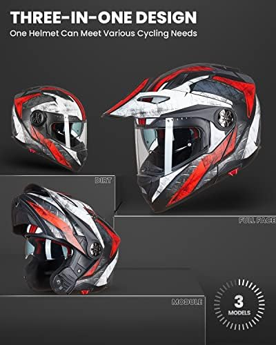 ILM Motorcycle Full Face Modular ATV Helmet Three in One Snowmobile Casco with Pinlock Anti Fog Visor for Men Women DOT Model 909F