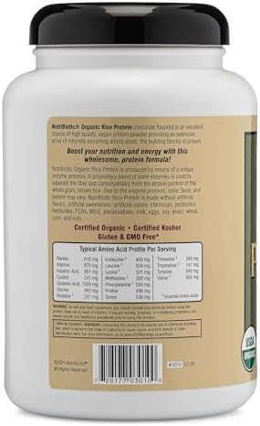 NutriBiotic Certified Organic Plain Rice Protein, 21 Ounce | Low Carbohydrate Vegan Protein Powder | Raw, Certified Kosher & Keto Friendly | Made Without Chemicals, GMOs & Gluten | Easy to Digest
