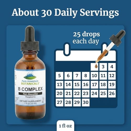 Pure Mountain Botanicals Liquid Vitamin B Complex - B12 B6 Drops - Raspberry Flavor - Kosher Non-GMO - 30 Servings