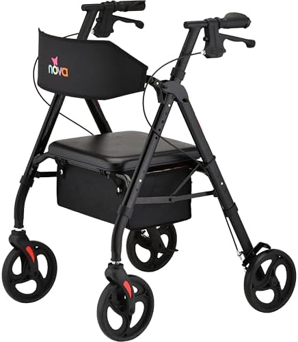 NOVA Star 8 Foldable Rollator Walker for Seniors (5'3"–6'2"), Wide Padded Backrest with Seat, 8” All-Terrain Wheels, Easy-Grip Locking Hand Brakes, Height Adjustable, Sky Blue