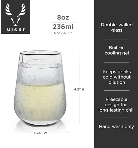 Viski Glacier Double Walled Beer Glass with Active Cooling Gel, Perfect for Cold Drinks at Indoor and Outdoor Parties, Special Occasions, Home Bar Accessories, Great Gifts for Men, 16 oz, Set of 1