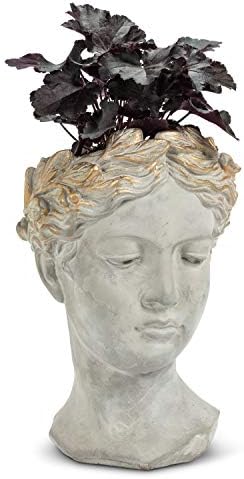 Abbott Collection Large Woman Head Planter | Hand-Finished Greco-Roman Style, Indoor & Outdoor, For Flowers & Succulents, Cement, Gray, 10"H