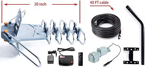 Amplified Outdoor TV Antenna with 360° Motorized Rotation, UHF/VHF Long-Range Reception, Remote Control, Mounting Pole & 40FT RG6 Cable