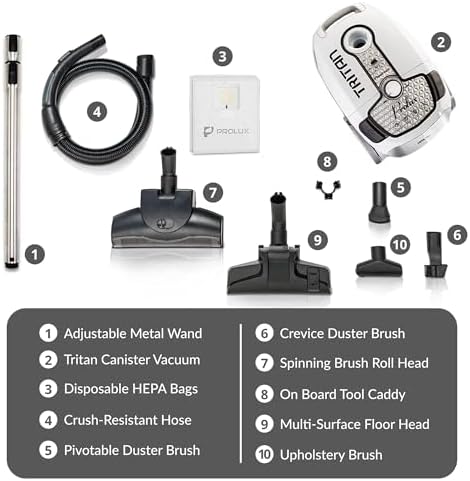 Prolux Tritan Bagged Canister Vacuum Cleaner with Sealed HEPA Filtration, 5-Speed Motor, Best Rated Canister for Pet Hair and Home Cleaning
