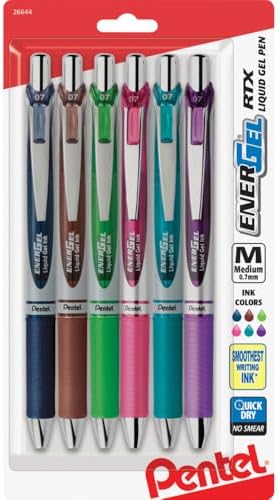 Pentel EnerGel RTX Retractable Liquid Gel Pen, (0.7mm), Medium Line, Metal Tip, Black Ink, Pack of 6 (BL77BP6A)