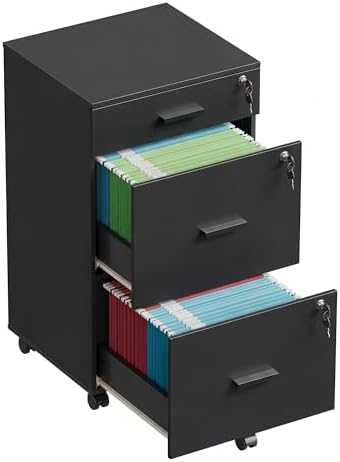 DEVAISE 3 Drawer File Cabinet with Lock & Wheels, Wood Printer Stand | Mobile Filing Cabinet Fits Letter/A4 Size; Rustic Brown Wood Printer Stand Keeps Home Office Files Secure And Organized