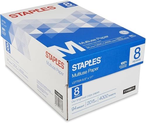 Staples Multipurpose Copy Paper, 8.5x11, 20lb, 94 Bright, 10 Reams/Carton | 5,000 white sheets total. Smooth finish reduces jams in copiers, laser & inkjet printers.