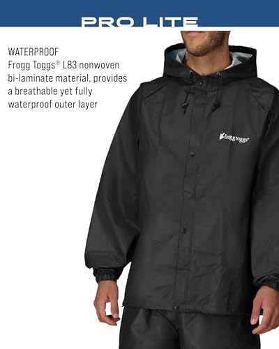 FROGG TOGGS Men's Pro Lite Rain Suit, Waterproof, Breathable, Dependable Wet Weather Protection, Carbon Black, XL/XXL