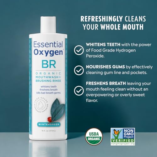 Essential Oxygen Certified BR Organic Brushing Rinse, All Natural Mouthwash for Whiter Teeth, Fresher Breath, and Happier Gums, Alcohol-Free Oral Care, Peppermint, 16 Ounce, Package may vary
