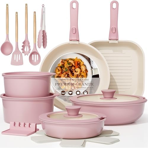 Astercook 21 Pcs Pots and Pans Set Non Stick, Ceramic Cookware Set Detachable Handle, RV Kitchen Cooking Set Removable Handles, Oven Safe, Induction Ready, Stackable, Cream, Fathers Day Gift for Men