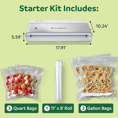 FoodSaver Compact Vacuum Sealer Machine with Airtight Bags and Roll - Ideal for Sous Vide and Airtight Food Storage, White