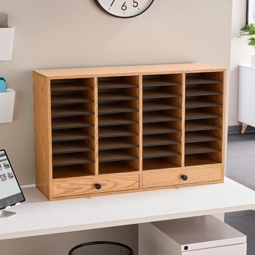 Safco Wooden Paper and Mail Organizer for Home Office and Classroom, Adjustable Shelves and Stackable, 12 Compartments with Drawers, Modern Gray