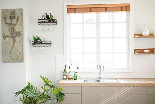 Mkono Wall Mounted Wine Rack Set of 2 Wood Rustic Wine Bottle Glass Floating Shelves with Stemware Hanger Modern Plants Photos Wine Display Storage